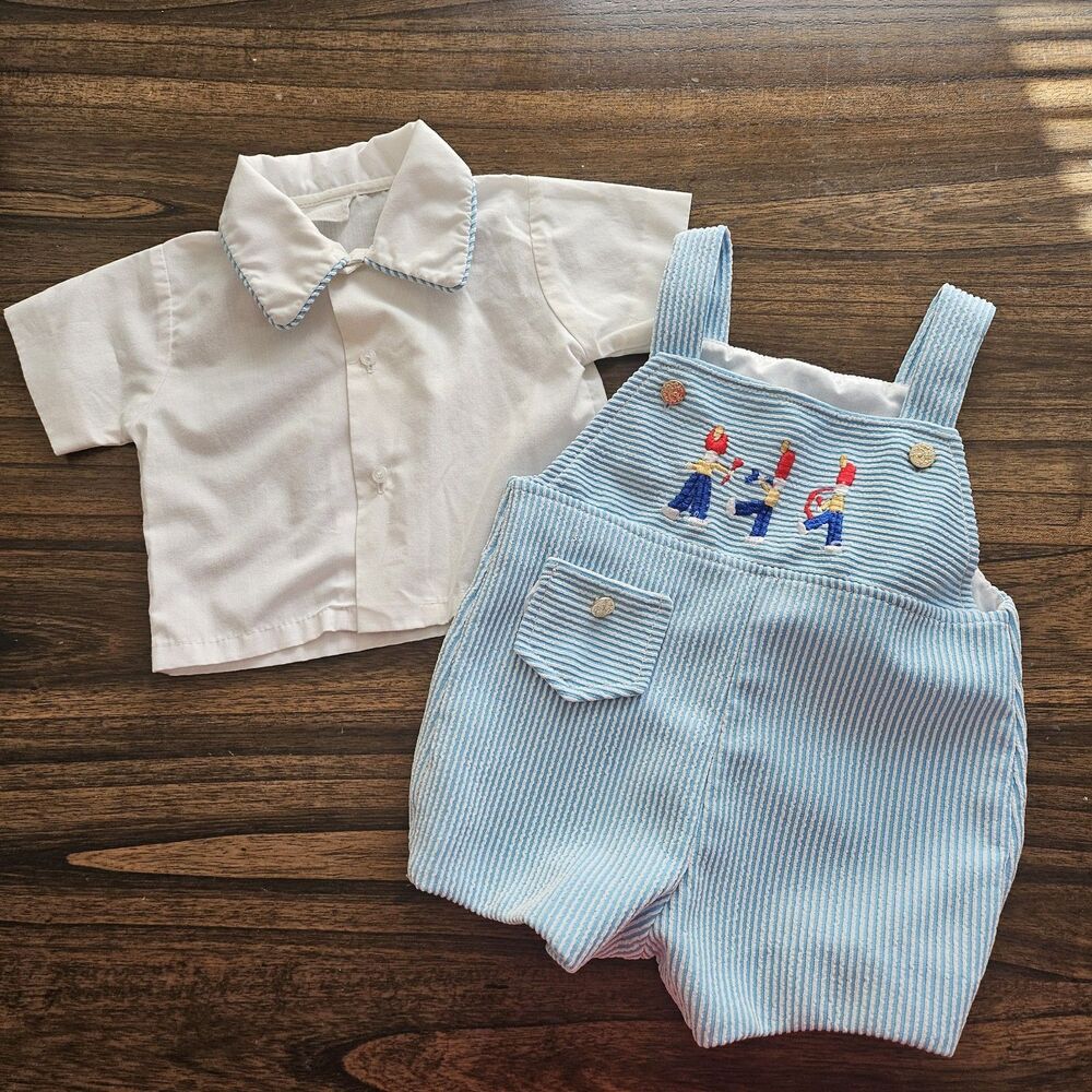 Vintage Baby Outfit Set – Embroidered Overalls & Striped Shirt – Size 3–6M